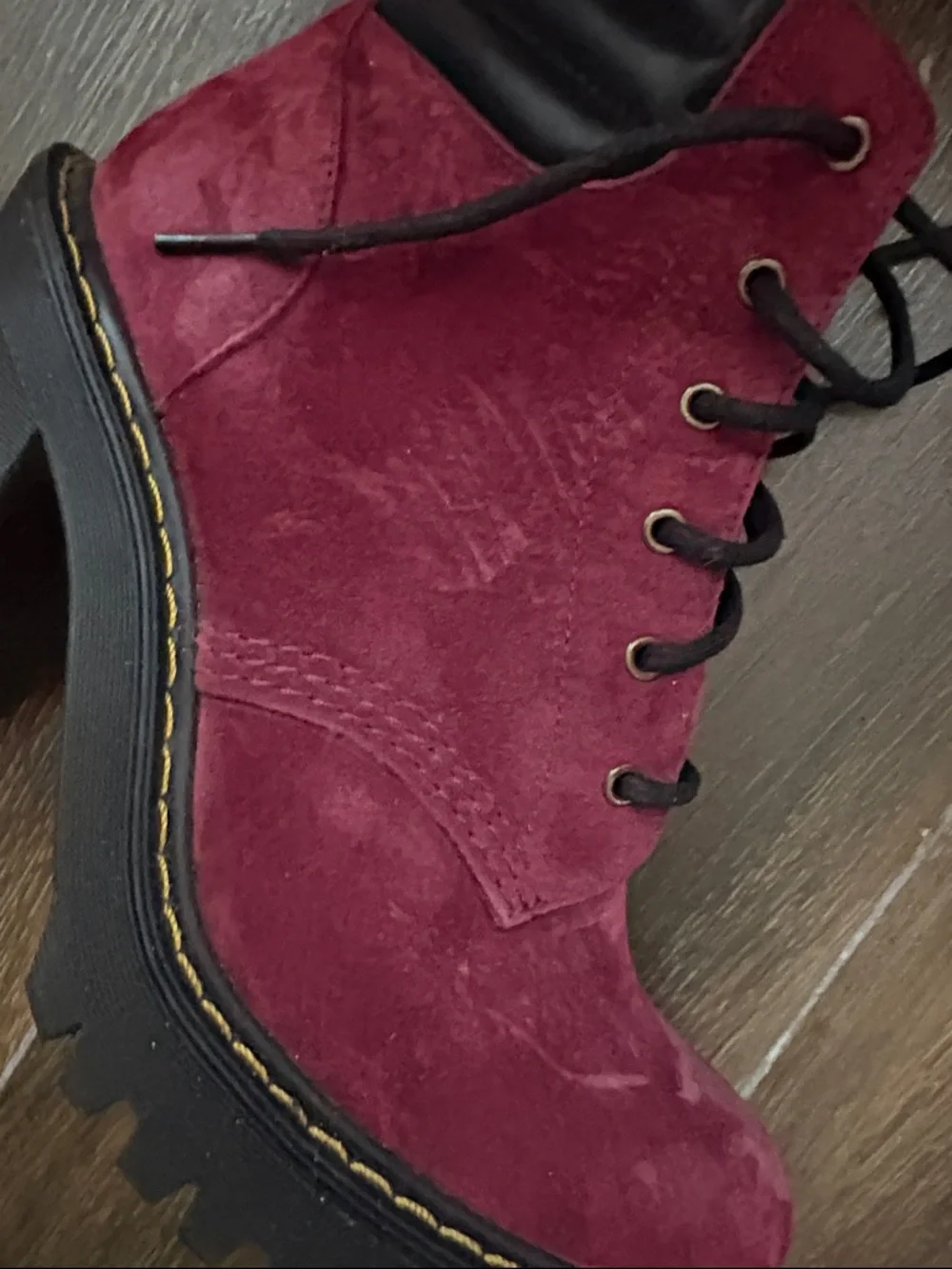 Dr. Martens Women's Burgundy Suede Lace-Up Chunky Heel Boot - Picture 5 of 5